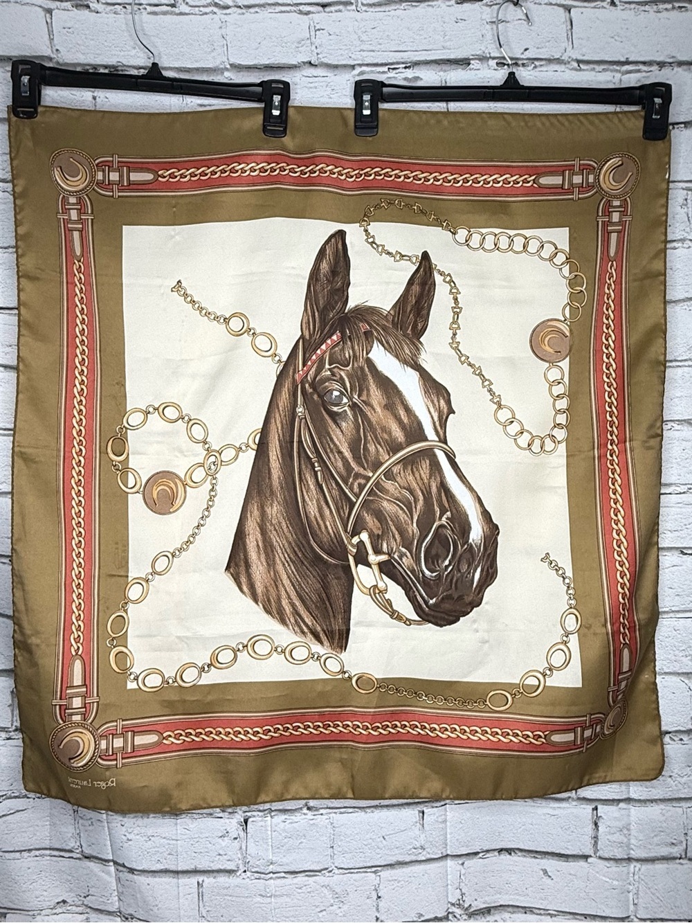 Roger Laurent Paris Equestrian Scarf Olive Red Cream Horse Derby Bridle 29 X 31 - Picture 2 of 12